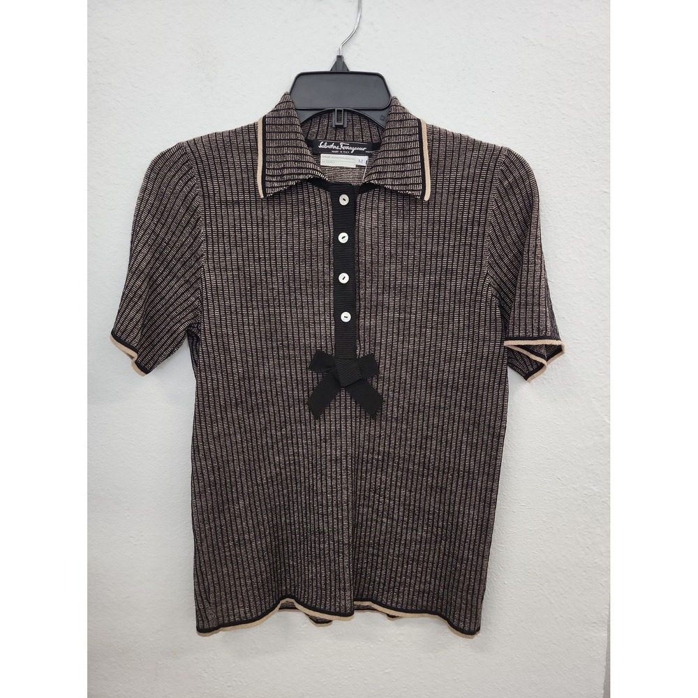 Vintage Salvatore Ferragamo SS Ribbed Knit Polos Shirt, Black/Beige, Size Medium